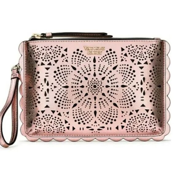 Victoria's Secret Handbags - NWT Victorias Secret Metallic Pink Rose Laser Cut Night Out Wristlet Pouch Bag